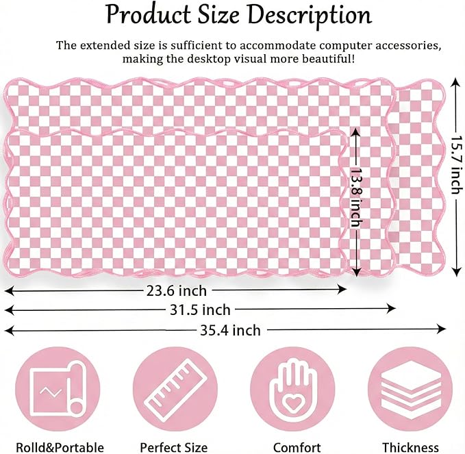 Scalloped Desk Mat Extended Large Cute Pink Mouse Pad Farmhouse Desk Pad XXL Aesthetic Plaid Mousepad Checkered Gaming Mouse Pad for Keyboard Computer Laptop Home Office Accessories Girl 35.4X15.7Inch