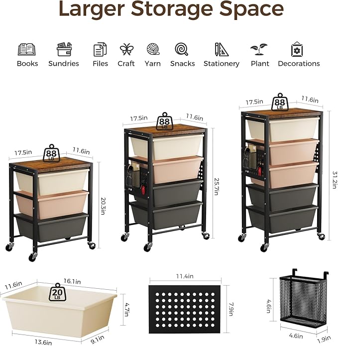 Rolling Cart with 5 Drawers, Plastic Drawer Storage Carts with Wheels & Wooden Tabletop, Metal Utility Cart with Pegboards, Office Living Room Classroom Craft Organization and Storage, Dark Brown
