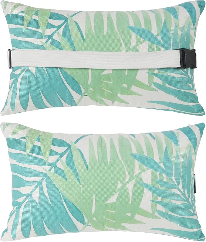 Outdoor Pillow for Chaise Lounge Chair, 2pcs Chaise Lounge Pillows Lumbar Pillows with Insert and Adjustable Elastic Strap for Patio Beach Office Chair, Green Leave