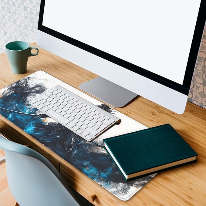 Dark Samurai Gaming Mouse Pad Japanese Legendary Armor Blue Flame Extended Mousepad Waterproof Stitched Edges Rubber Base Non-Slip Deskmap Computer Keyboard Mat 31.5x11.8 in