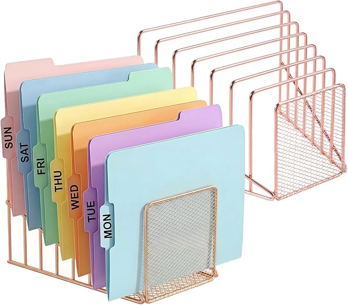 2 Pcs Incline File Sorter, 7 Slot Magazine Holder for Letter, Document, Folder and Book, Metal Desktop Organizer Rack for Home, School and Office (2-rose gold)