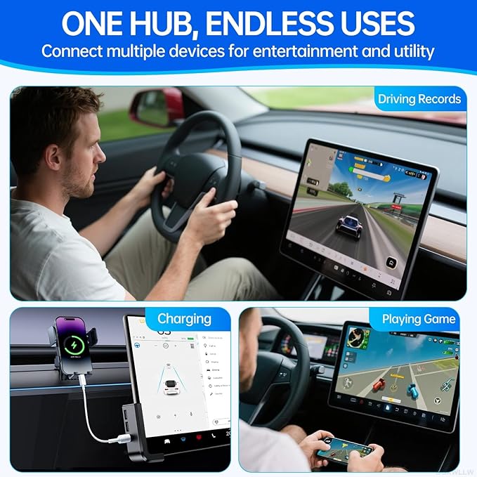 USB Hub for Tesla Model Y Juniper 2025 2026 Model 3 Highland 2024 2025, Glove Box to Screen Docking Station Glovebox USB 3.0 Expander for Dashcam Flash Drive Charging Data Transfer Game Music