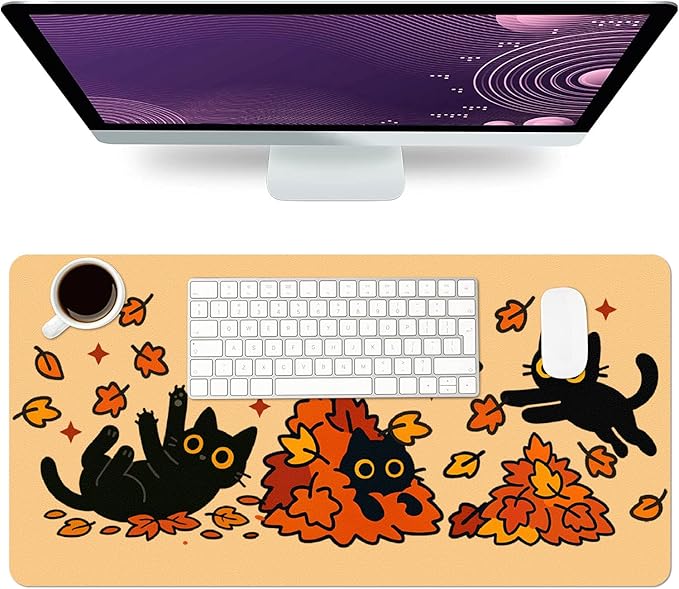 Fall Desk Mat, Black Cat Maple Leaves Large Mouse Pad for Desktop, PU Leather Waterproof Desk Pad, Computer PC Laptop Protector Gaming Mouse Pads for School Office Home Thanksgiving Decorations