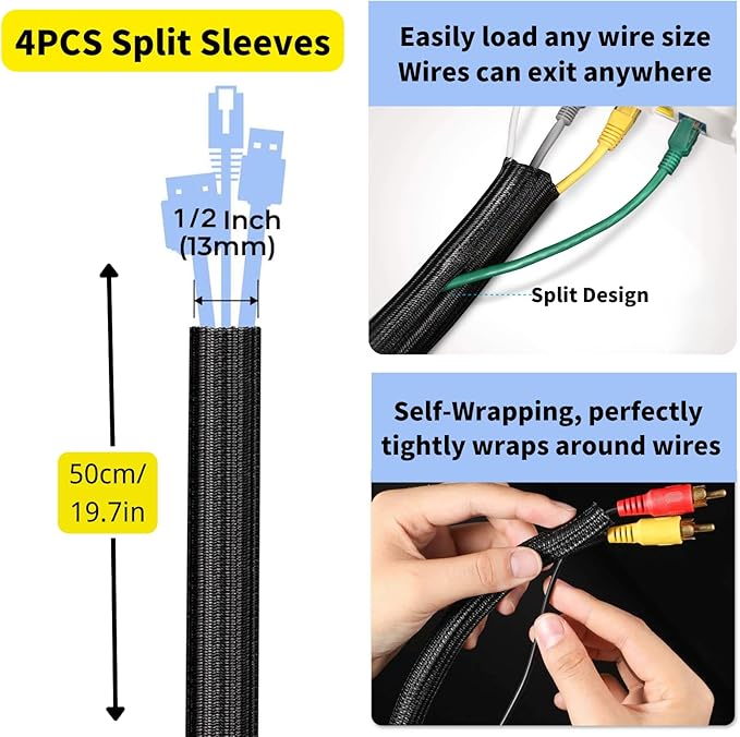 [313Pcs] Cable Management Kit, 67 Adhesive Cable Clips, Topavatop Desk Cord Organizer, 22 Reusable Cable Strap, 4 Cable Sleeve Split, 200 Nylon Cable Zip Ties with 20 Mounts for TV Office Home, Black