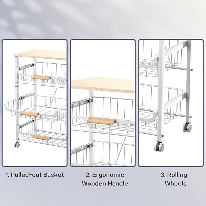 JAQ Vegetable Storage Cart with Wheels, 5-Tier Rolling Cart with Slide-Out Baskets for Onion Potato Storage, Metal Produce Rack Organizer with Wooden Top & Handle for Kitchen Pantry, White