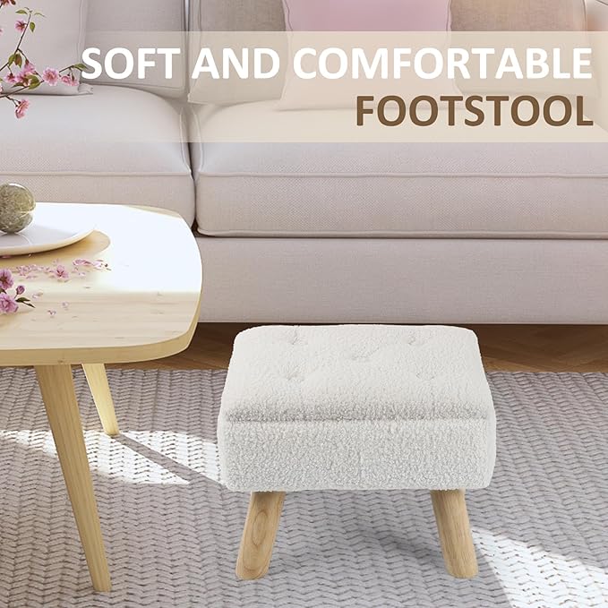 OGEMXU Storage Ottoman, Small Foot Stool Ottoman with Storage, Boucle Teddy Velvet Foot Rest with Padded Seat, Sturdy Wood Legs Stool for Living Room, Bedroom, Couch, Enterway (Cream)