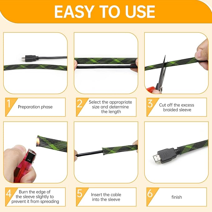 Braided Cable Sleeve, 33ft Expandable Wire Loom for Automotive Wiring Harness & PC Case, Pet-Proof Chew Resistant Cord Protector, Flexible Cable Management (Black-UV Yellow, 4mm (5/32"))