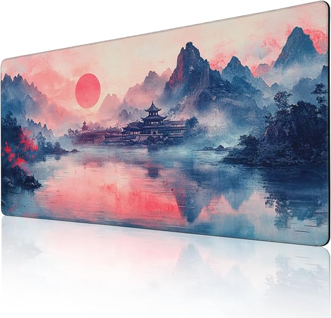 Landscape Ink Painting Gaming Mouse Pad, Extra Large Gaming Mouse Pads, Waterproof, Non Slip, Big Computer Mousepad Mice Pads Desk Pad Stitched Edges for Women Office Home (48"x24", Pink)