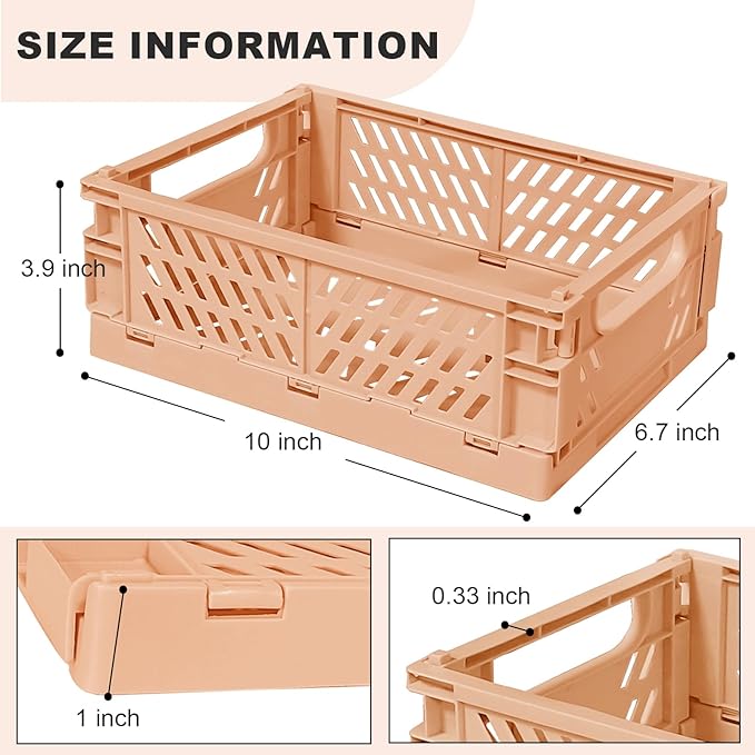 Tobeso-Nuoze Pastel Plastic Storage Baskets 2 Pack, Collapsible Crates for Organizing, Space-Saving Bins for Kitchen, Office, Bedroom (Orange, Medium:9.8" x 6.5" x 3.8")
