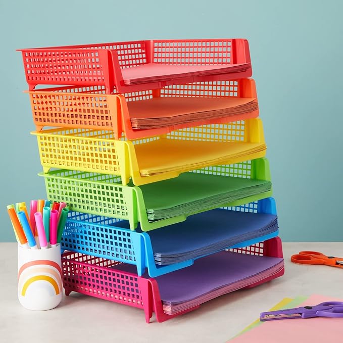 Bright Creations Teacher Supplies Letter Tray Organizer - 6-Pack Rainbow, 9 x 13 x 3 in - Stackable Paper Trays for Classroom & Teacher Desk Organizer
