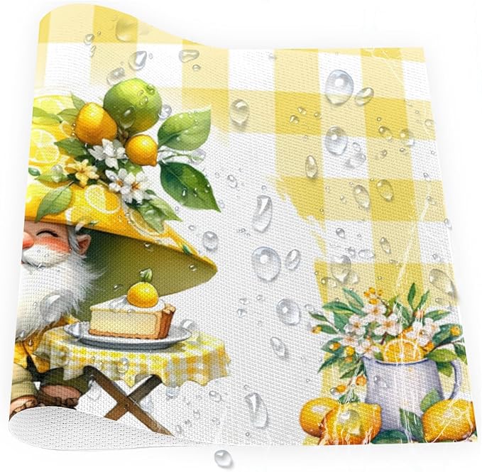 Placemats Set of 4 Heat-Resistant Rectangle Place Mats Yellow Lemon Gnomes Washable Plastic PVC Dining Table Mat Non-Slip Wipeable Woven Vinyl Placemat for Kitchen Patio Table Decor