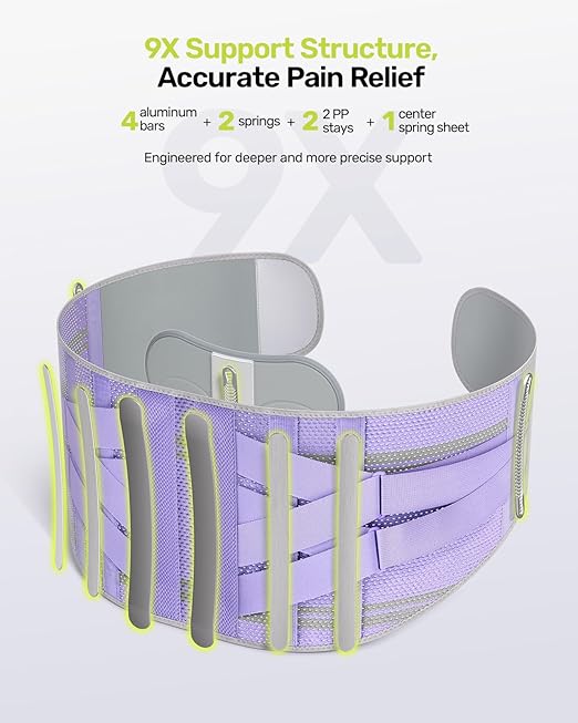 Rakiie Back Brace for Lower Back Pain Women with 9X Support System, Ergonomic Lumbar Support for Pain Relief, Breathable Mesh Design with 3D Silicone Pad for Sciatica,Purple Size S (Waist: 28.7"-35.8")