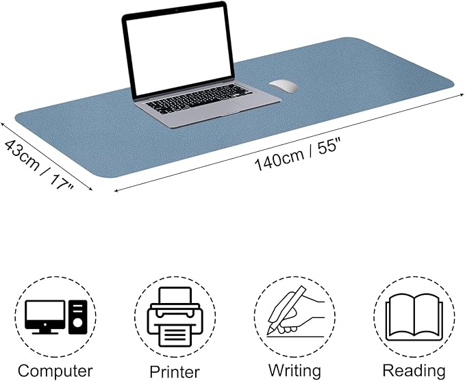 PATIKIL Desk Mat, 55"x17" Non-Slip Waterproof PU Leather Desk Pad Dual Sided Office Home Work Study, Grey Blue