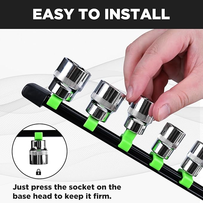 Socket Organizer Set 12PCS ABS Socket Holder Kit, 1/4-Inch x 64 Clips, 3/8-Inch x 60 Clips, 1/2-Inch x 48 Clips Socket Set Organizer, Drive Socket Tray, Socket Holders Clip Socket Rail, Black