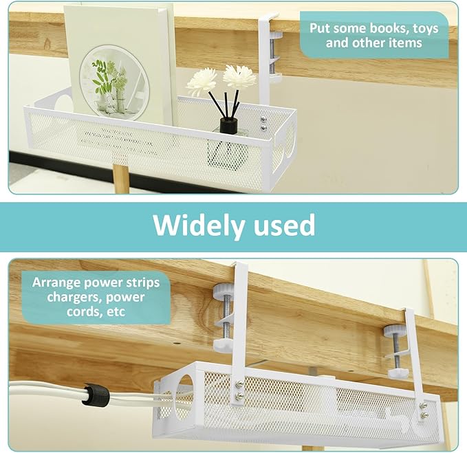 Under Desk Cable Tray, Easy to Install Cable Management Tray, No Drill Under Desk Wire Holder, Space Saving Cord Holder Shelf for Office Home Dormitory(White)