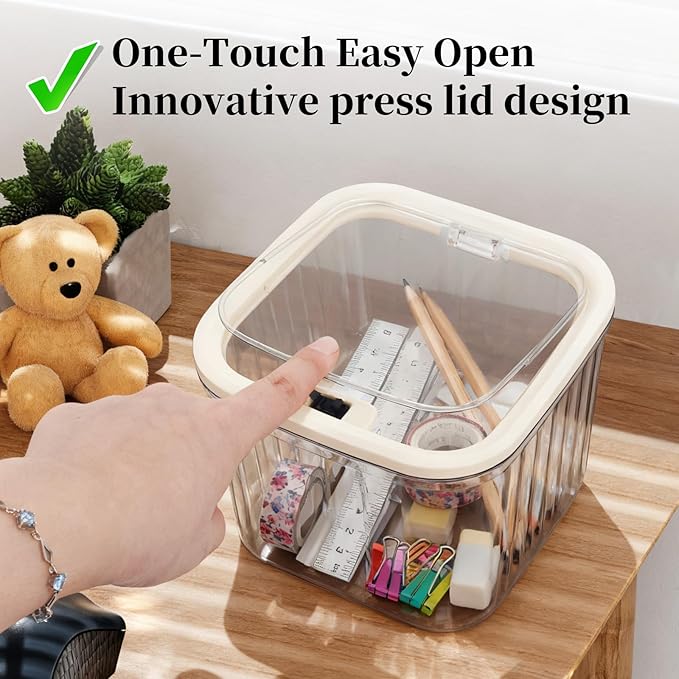 THMINS Hair Accessories Organizer for Girls,Plastic Storage Box with Lid for Kids Hair Clips,Ties,Bows&Jewelry,Stackable Dust-Proof Flip Top Container,Desktop Organizer(Grey)