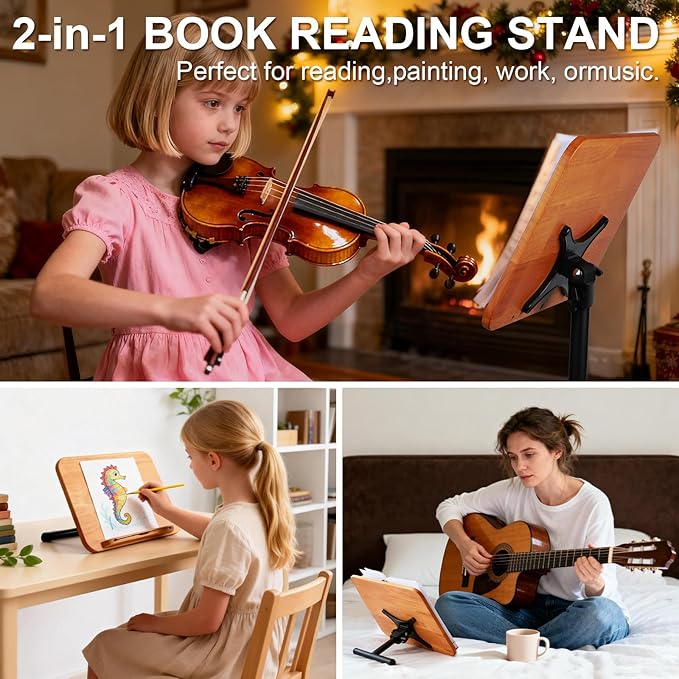 2 in 1 Dual-use Music Stand & Desktop Book Stand, Adjustable Height 16.5"-51", 100% Solid Wood Laptop Floor Stand Book Holder with Page Clips for Cookbooks, Sheet Music (Brown)
