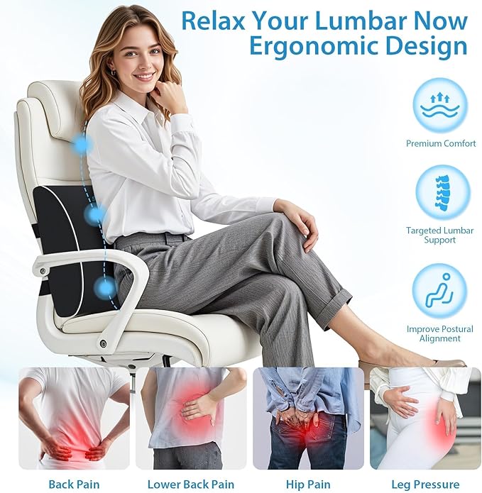 SweetSlubr Large Lumbar Support Pillow for Office Chair, Car Seats and Home Desks, Ergonomic Back Support with Double Adjustable Straps, Machine Washable Cover, Black