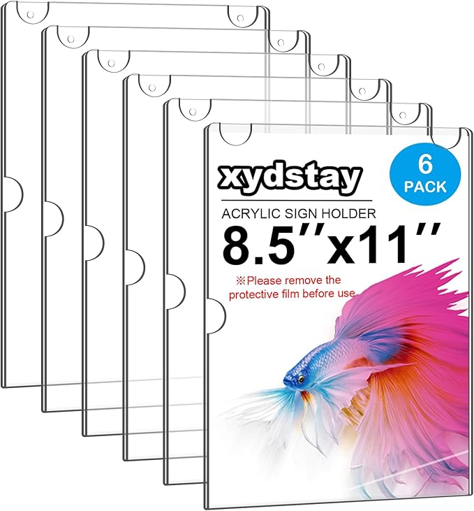 xydstay 6pack Acrylic Wall Sign Holder with Serews&Tape,8.5 X 11 Wall Mount Clear Plastic Sign Holder,Memo Document Menu Holder for Restaurant, Office, School, Store and Home Use,Support No Drilling