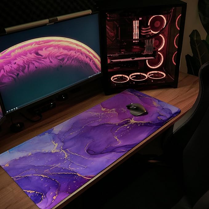 MAY FLOWER Gaming Mouse pad, Large Laptop Mousepad, Full Keyboard Mat, Long Computer Mouse Mat for Home and Office, Anti-Slip Rubber Base, 31.5 x 11.8 Inches (Purple Marble)