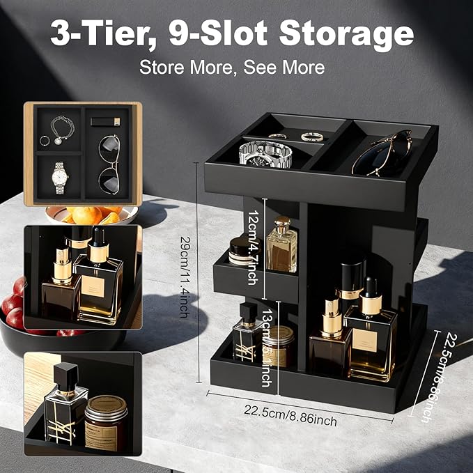 Cologne Organizer for Men, 3-Tier Perfume Stand with 360° Rotation, Wood Cologne Shelf for Desk, Nightstand Organizer, Dresser, Birthday Gifts for Husband Boyfriend, Gift for Dad From Wife (Black)