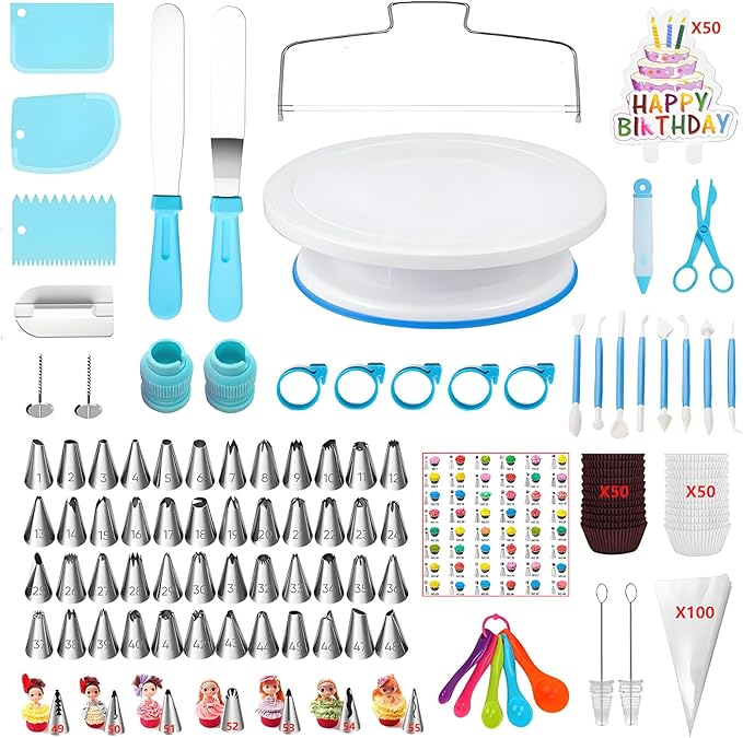 ANSLYQA Cake Decorating Kit, 340 Pcs with Cake Turntable, Leveler, 55 Numbered Icing+Skirt Tips, 2 Spatulas, 3 Scrapers, 2 Couplers, 100 Pastry Bags, 100 Cupcake Liners & More Baking Tools, (Blue)
