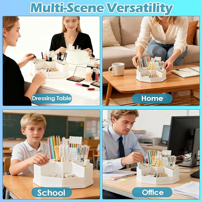 360 Degree Rotating Desk Organizer Caddy with 9 Compartments, Large Capacity Detachable Pencil Holder for Desk, Multifunctional Desktop Storage for Office, School, Home, Dressing Table, Pink