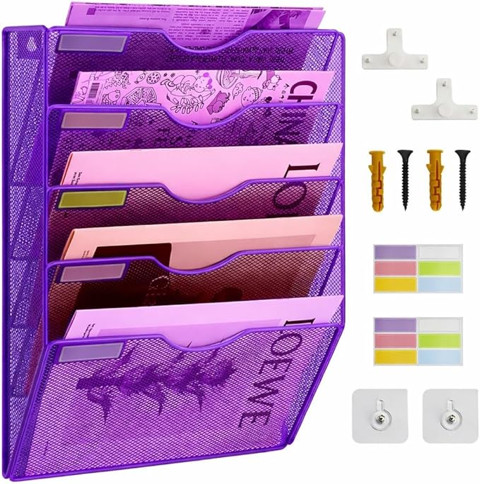 5 Pockets Mesh Wall File Holder Organizer Office Hanging File Folder Magazine Rack, Nametag Label Hooks Set Included (Purple)