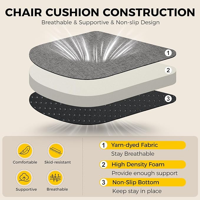 downluxe Indoor Chair Cushions for Dining Chairs, Soft and Comfortable Textured Foam Kitchen Chair Pads with Ties and Non-Slip Backing, 16" x 16" x 2", Dark Grey, 4 Pack