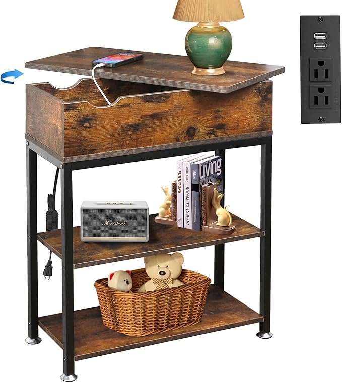Rotating Top End Table with Charging Station, Side Table with USB Ports and Outlets, 24" W x 12" D x 27" H, Rotating End Table with Storage, Couch Side Tables, Narrow Table Living Room, Bedroom