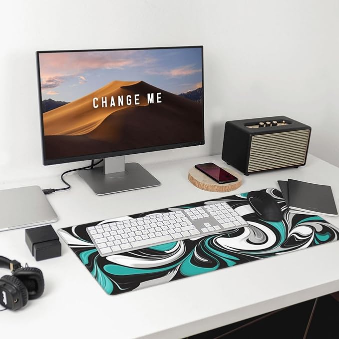 AQQA Modern Abstract Desk Mat Teal Gray Marble Mousepad Large Keyboard Mat Non-Slip Rubber Gaming Desk Accessories for Office Home 31.5 x 15.7