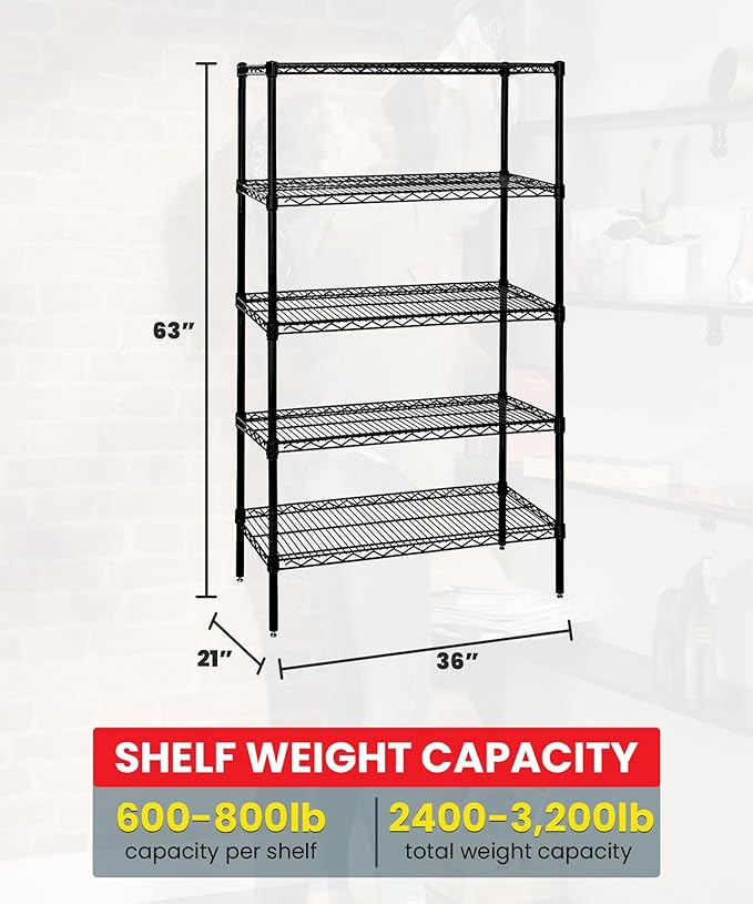Quantum Storage Systems WR63-2136BK-5 Wire Shelving Starter Kit, 36" W x 21" D x 63" H, 600 lbs Capacity, Carbon Steel, Epoxy Coated, Black, NSF