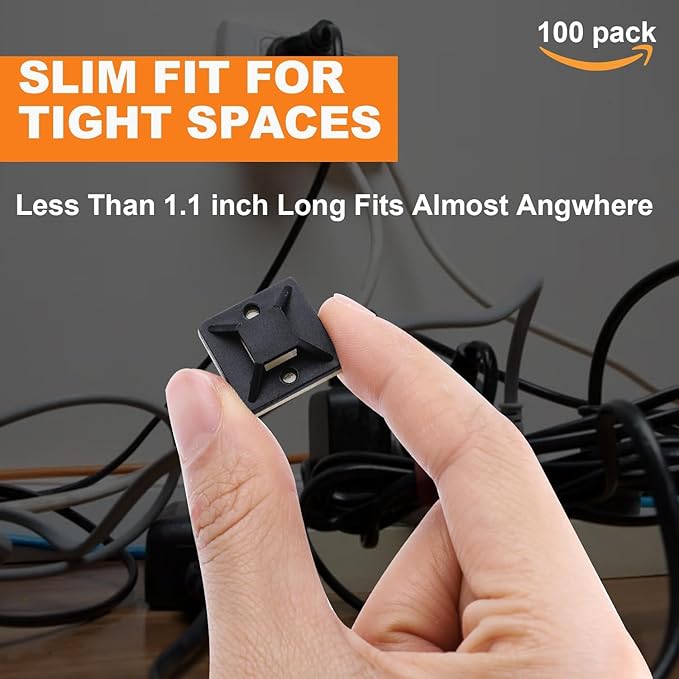 100 Pack 1.1 inch Zip Tie Adhesive Mounts Self Adhesive Cable Tie Base Holders with Multi-Purpose Tie wire clips with screw hole,Anchor stick on wire holder with 8 inch zip ties（White）