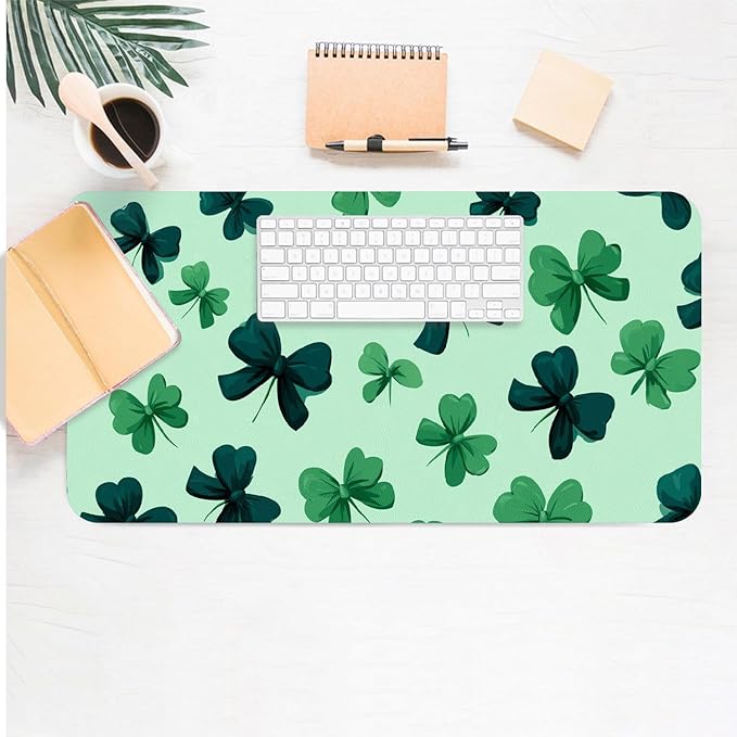 Green Bow Mouse Pad PU Leather Clover Desk Mat Large Waterproof Gaming Pad Non-Slip Keyboard Mouse Pad Writing Pad for Gamer Office&Home