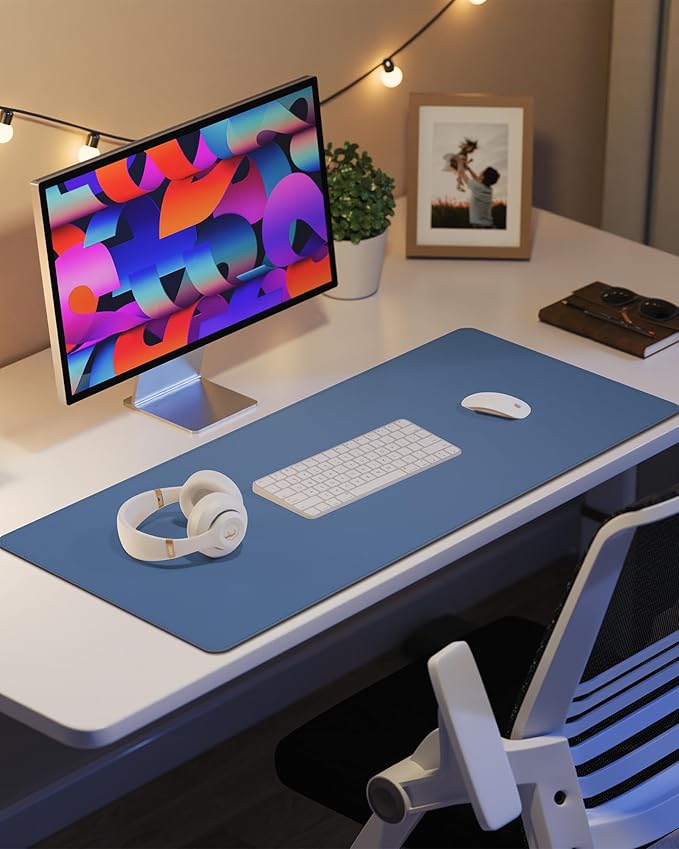 Desk Pad Mat - Leather Desk Pad Protector for Office and Home - Desk Organization and Accessories - Ideal for Large Mouse Pad and Desk Mats on Top of Desks(Grey Blue,35.4" x 17")