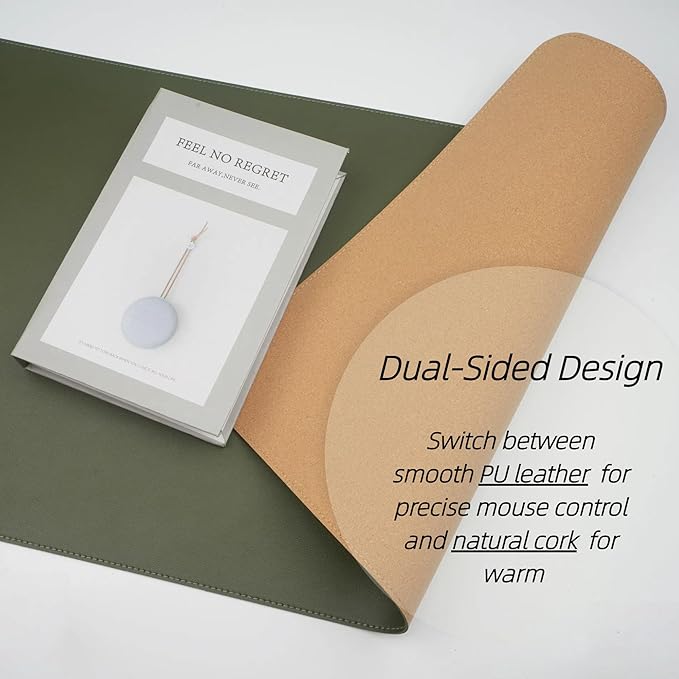 Dual-Sided Desk Pad,Green 35.4" x 17" Large Natural Cork & PU Leather Desk Mat,Non-Slip Waterproof Desk Blotter Pad for Office & Home