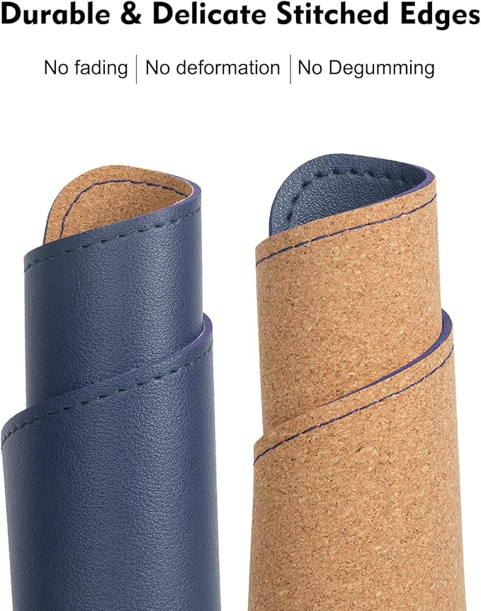 Double-Sided PU Leather & Cork Mouse Pad with Coaster – Reversible, Non-Slip, Stitched Edges for Office & Home, 8x11 Inches,(Blue)