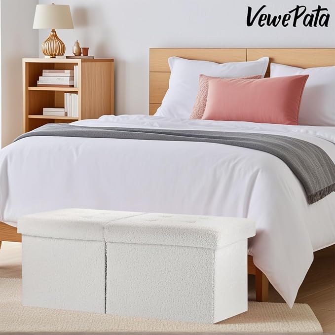 Folding Ottoman Bench with Storage - 34Inches Teddy Velvet Foot Stool Ottoman Bench, Padded Seat, Storage Chest,Blanket Store, for Entryway Livingroom and Bedroom,White (34" D x 13" W x 13" H)
