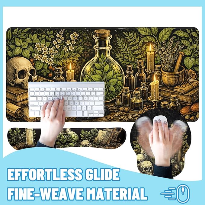 Dark Alchemy Desk Mat Set Witch Herbal Skull Study Large Mouse Pad with Wrist Rest 4in1 Desk Mat for Desktop Ergonomic Computer Desk Arm Wrist Anti-Slip Computer Mouse Pad Home Office Gaming