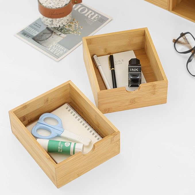 Wisuce Bamboo Desk Drawer Organizer, Desktop Organizer with Drawers Tabletop Storage Organization Box for Office Home Toiletries Supplies Vanity, No Assembly Required(3 Drawers-up down)