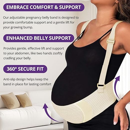 Maternity Belly Band with Back Support – Over-the-Shoulder Pregnancy Support Belt with Lumbar Support, Breathable Mesh Design, Strong Adjustable Hook & Loop Straps, No Digging Comfort for All-Day Wear (Beige, Medium（121-160LB）)