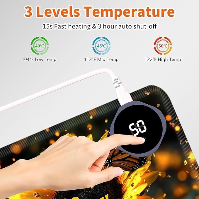 Heated Mouse Pad,Warm Desk Pad with 3 Levels Heating & 3 Hours Auto Shut-Off, PU Leather Heated Desk Pad Warmer Pad for Home Office - 23.6 x 14.2 inch,Luminous Sunflower Butterfly