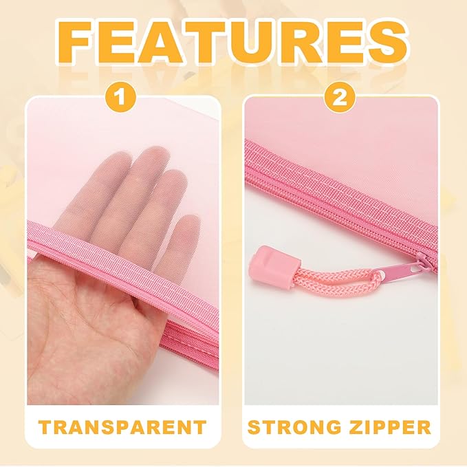 PATIKIL A5 Mesh Zipper Pouch Bags, 5 PCS Mesh Bags with Zipper Plastic Storage Pocket for Organizing File Beads Office Home Supplies, 18x25cm, Pink