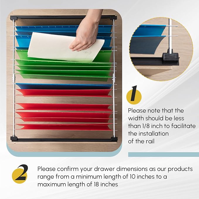 12 Pcs Metal Adjustable File Cabinet Rails Set Include 8 Hanging File Rail Clips 4 Cabinet Dividers Bars Suitable for Cabinets with Drawer Thickness Less Than 1/8 Inch (Silver,25 Inch-46 Inch)