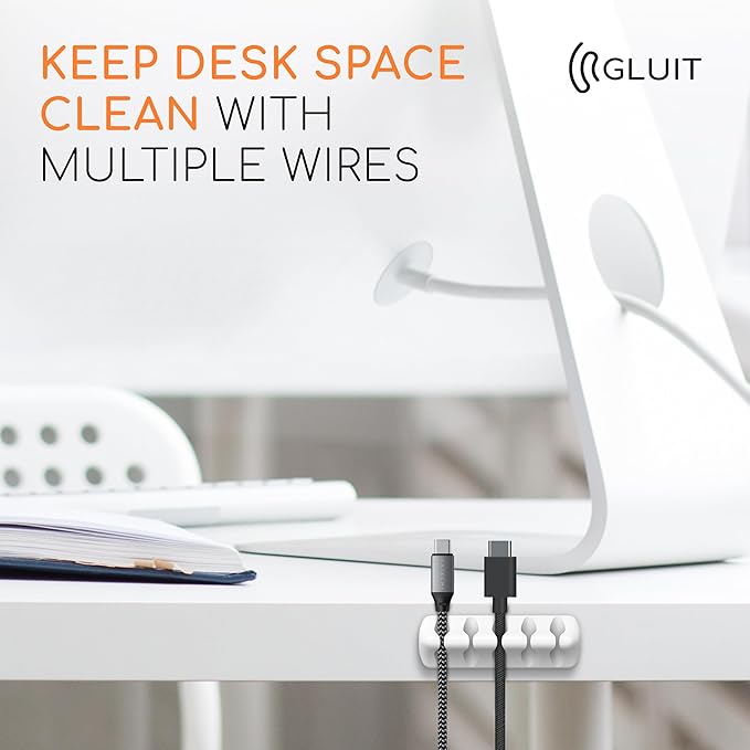 GLUIT Cord Organizer for Desk, Cable Holder for Nightstand, Charger Organizer, Adhesive Desktop Wire Clips, Multislot Cable Management, Table Organizer Accessories (White, 20 Pack)