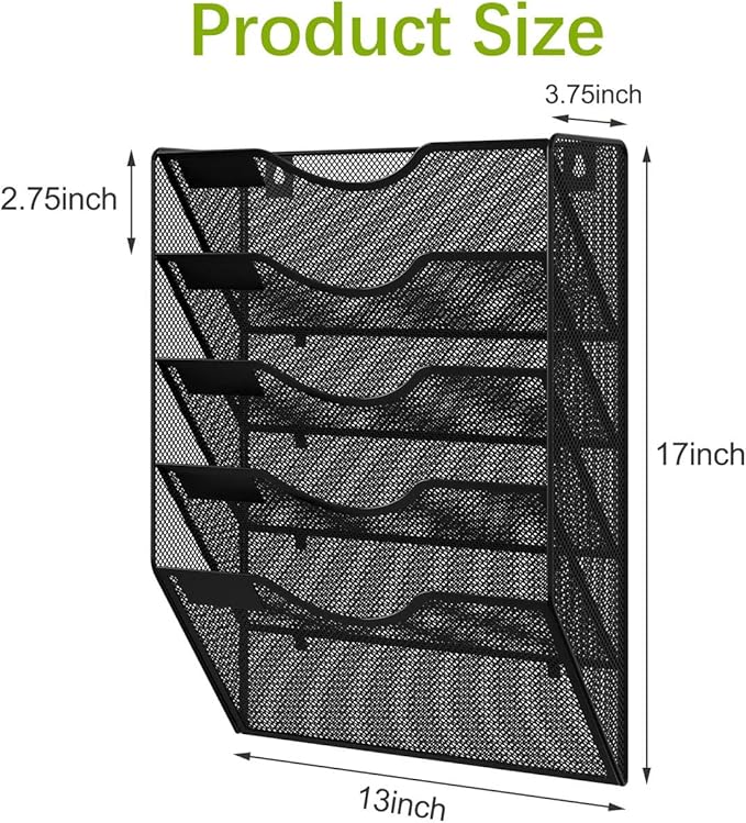 EasyPAG Wall File Organizer 5 Tier Hanging Paper Folder Holder, Zero Assembly Metal Mesh Wall Mounted Mail Organizer for Office Home Classroom Narrow Spaces, Black