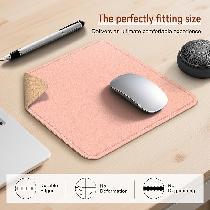 Leather Mouse Pad with Stitched Edge, Waterproof Gaming Mouse Mat for Computers, Laptop, Office & Home (Pink, 11"*8")