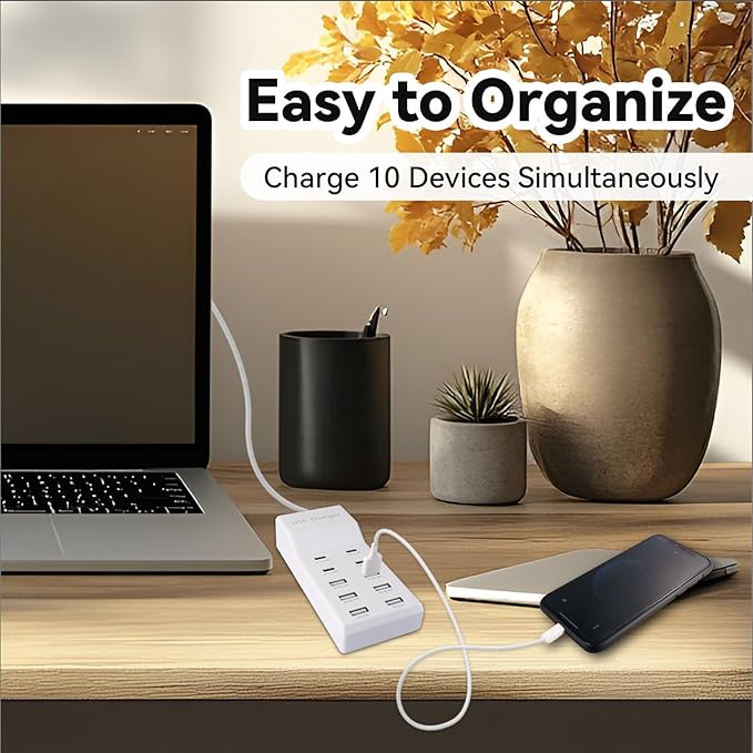 USB Charging Station with 6 USB-A & 4 USB-C Ports, 50W 10A USB Charger Block for Multiple Devices -USB Power Strip with Auto-Detect Technology (2 PCS)