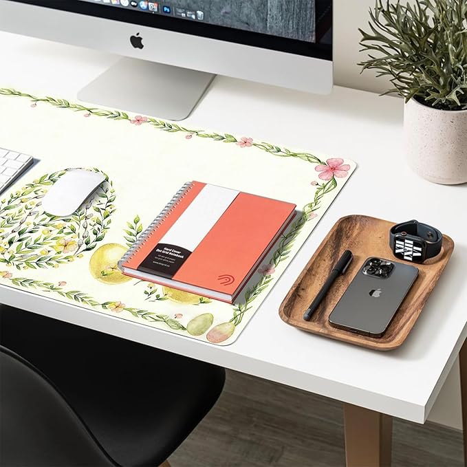 Green Leaves Mouse Pad PU Leather Eggs Desk Mat Large Waterproof Gaming Pad Non-Slip Keyboard Mouse Pad Writing Pad for Gamer Office&Home