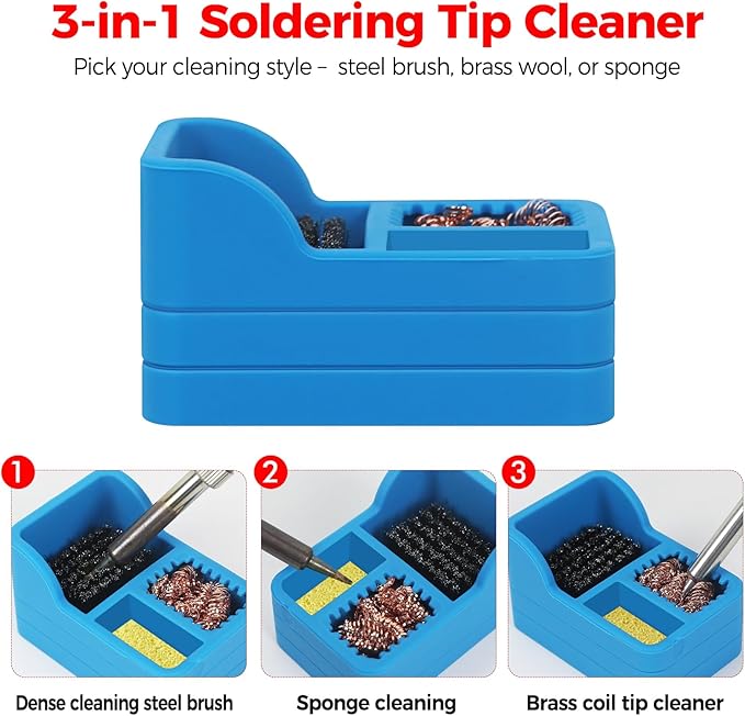 Soldering Iron Tip Cleaner Kit with Brass Wool, Sponge & Steel Brush in Blue Silicone Holder – Heat & Scratch Resistant Cleaning Tool for Soldering, Electronics Repair & DIY Projectst